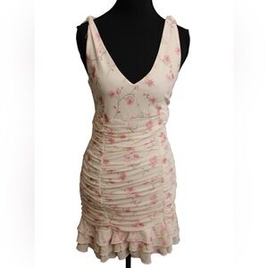Sweet Storm Floral Ruched Mini Dress Size Medium Cream Pink Ruffle Hem
